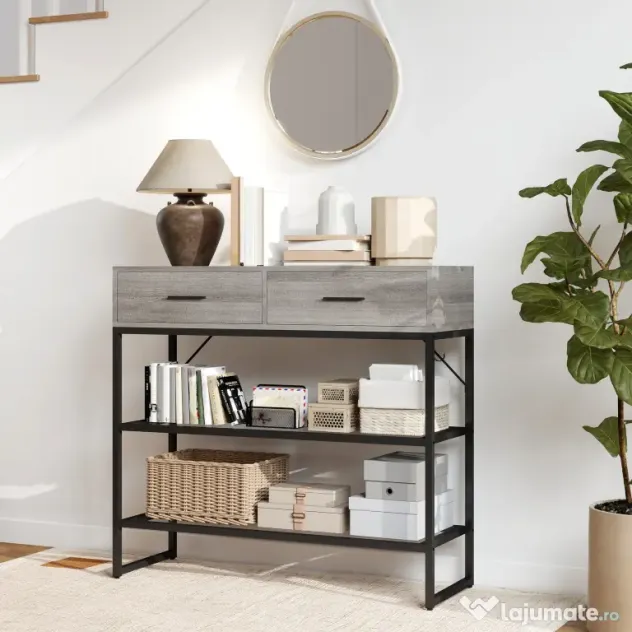 HOMCOM Console Table with 2 Drawers and 2 Mesh Shelves, Hallway Table with Metal Frame for Living Room, Entryway, Light Grey Wood Effect | Aosom Romania