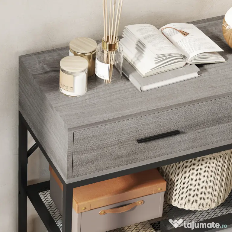 HOMCOM Console Table with 2 Drawers and 2 Mesh Shelves, Hallway Table with Metal Frame for Living Room, Entryway, Light Grey Wood Effect | Aosom Romania