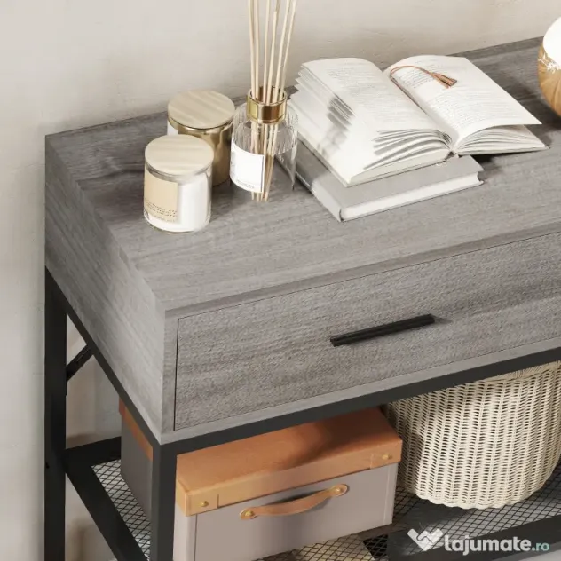 HOMCOM Console Table with 2 Drawers and 2 Mesh Shelves, Hallway Table with Metal Frame for Living Room, Entryway, Light Grey Wood Effect | Aosom Romania