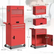 HOMCOM Cărucior pentru Scule din Oțel cu Încuietoare, 6 Sertare, 2 Dulapuri, Panou Perforat, Roți și Mâner, Roșu | Aosom Romania 