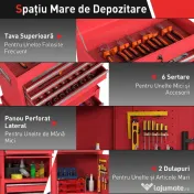 HOMCOM Cărucior pentru Scule din Oțel cu Încuietoare, 6 Sertare, 2 Dulapuri, Panou Perforat, Roți și Mâner, Roșu | Aosom Romania 