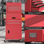 HOMCOM Cărucior pentru Scule din Oțel cu Încuietoare, 6 Sertare, 2 Dulapuri, Panou Perforat, Roți și Mâner, Roșu | Aosom Romania 