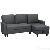 HOMCOM Canapea Extensibilă cu 3 Locuri cu Șezlong și Spațiu de Depozitare, 197x129x85 cm, Gri Închis | Aosom Romania