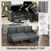HOMCOM Canapea Extensibilă cu 3 Locuri cu Șezlong și Spațiu de Depozitare, 197x129x85 cm, Gri Închis | Aosom Romania