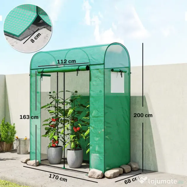 Outsunny Sera de Balcon cu Ușă și Ferestre Rulante, Sera pentru Grădină cu Structură din Oțel și Acoperiș PE, pentru Plante, Legume, Flori, Fructe, Anti UV, 170x68x200 cm, Verde | Aosom Romania
