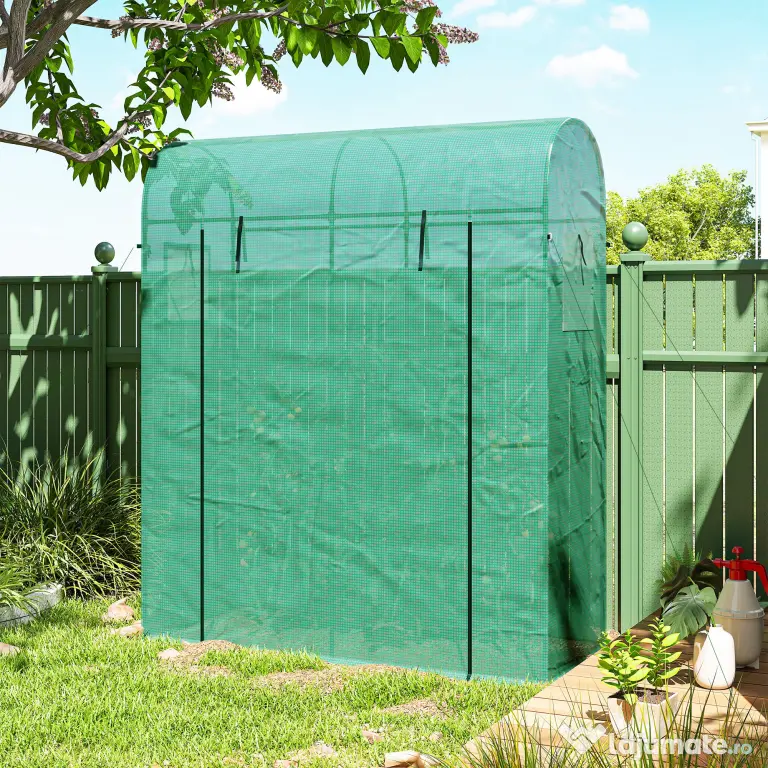 Outsunny Sera de Balcon cu Ușă și Ferestre Rulante, Sera pentru Grădină cu Structură din Oțel și Acoperiș PE, pentru Plante, Legume, Flori, Fructe, Anti UV, 170x68x200 cm, Verde | Aosom Romania