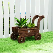Outsunny Strat Înălțat pentru Grădină în Formă de Cărucior cu 4 Roți și Mâner, Ghiveci din Lemn de Molid cu Găuri de Drenaj, pentru Balcon, Terasă, 68x38x52 cm, Finisaj Carbonizat | Aosom Romania 