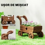 Outsunny Strat Înălțat pentru Grădină în Formă de Cărucior cu 4 Roți și Mâner, Ghiveci din Lemn de Molid cu Găuri de Drenaj, pentru Balcon, Terasă, 68x38x52 cm, Finisaj Carbonizat | Aosom Romania 