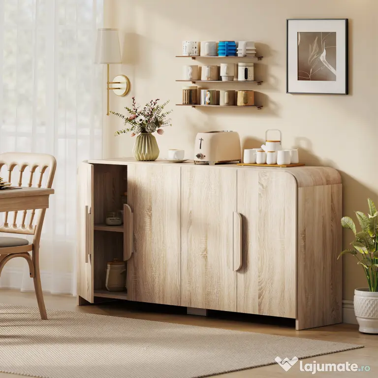 HOMCOM Comodă pentru Bucătărie, Mobilă cu Uși Soft-Close, Colțuri Rotunjite, Rafturi Reglabile, Stil Modern, Comodă pentru Living, Sufragerie, 157,4x39x82cm, Lemn Natural | Aosom Romania