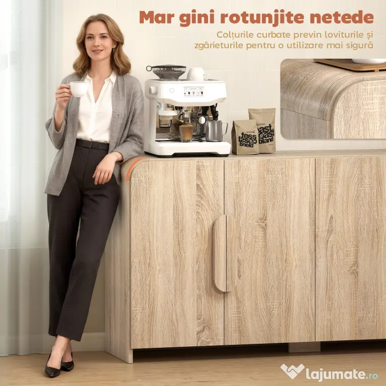 HOMCOM Comodă pentru Bucătărie, Mobilă cu Uși Soft-Close, Colțuri Rotunjite, Rafturi Reglabile, Stil Modern, Comodă pentru Living, Sufragerie, 157,4x39x82cm, Lemn Natural | Aosom Romania