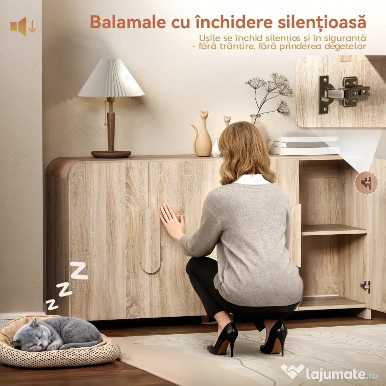 HOMCOM Comodă pentru Bucătărie, Mobilă cu Uși Soft-Close, Colțuri Rotunjite, Rafturi Reglabile, Stil Modern, Comodă pentru Living, Sufragerie, 157,4x39x82cm, Lemn Natural | Aosom Romania