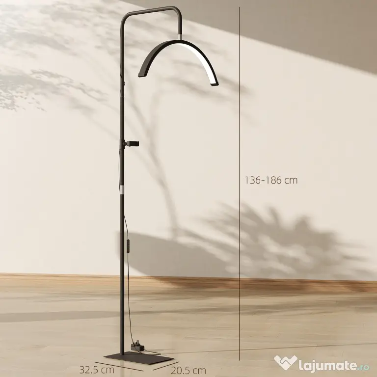 HOMCOM Lampă de Podea LED cu Cap Semilună, Înălțime și Temperatură de Culoare Reglabile, Telecomandă, Negru | Aosom Romania