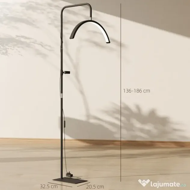 HOMCOM Lampă de Podea LED cu Cap Semilună, Înălțime și Temperatură de Culoare Reglabile, Telecomandă, Negru | Aosom Romania
