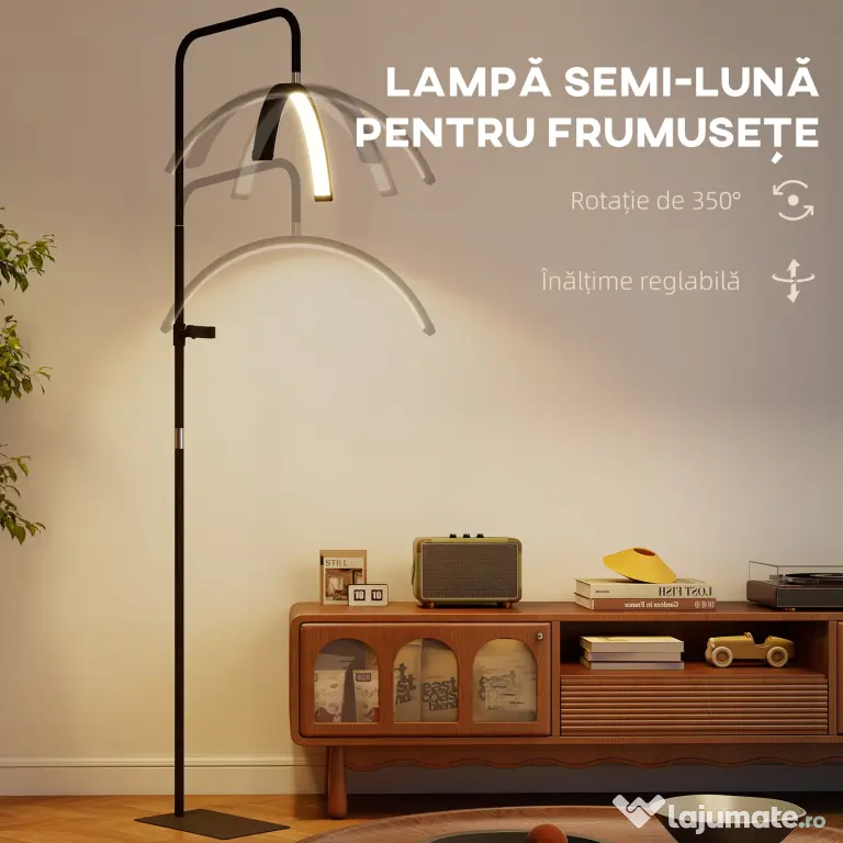 HOMCOM Lampă de Podea LED cu Cap Semilună, Înălțime și Temperatură de Culoare Reglabile, Telecomandă, Negru | Aosom Romania