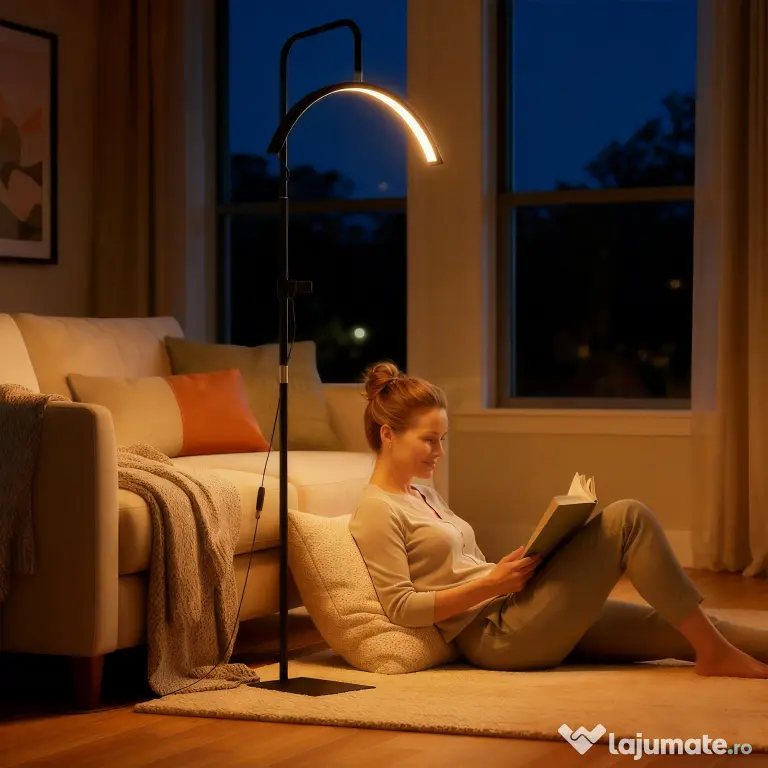 HOMCOM Lampă de Podea LED cu Cap Semilună, Înălțime și Temperatură de Culoare Reglabile, Telecomandă, Negru | Aosom Romania