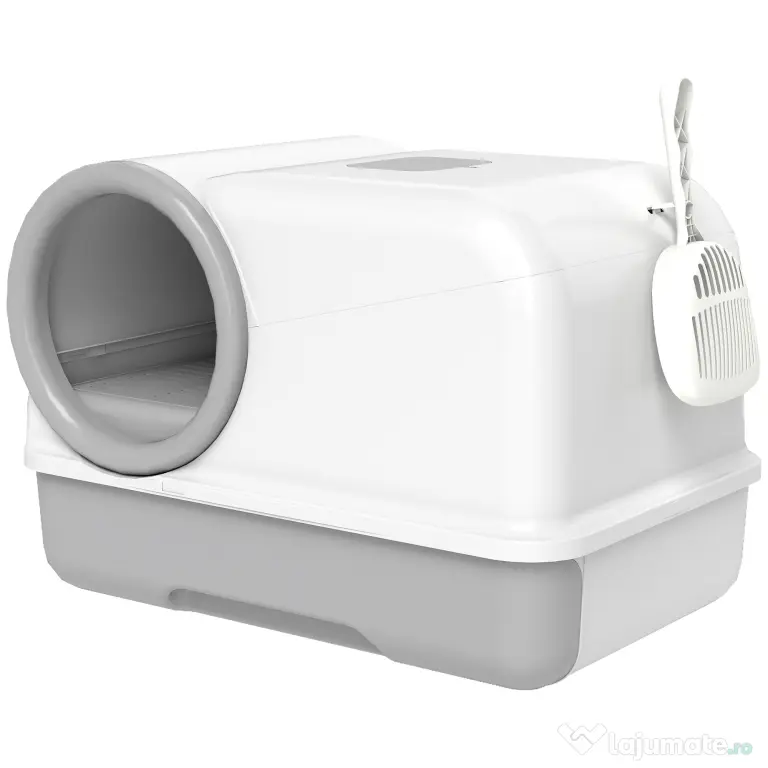 PawHut Litieră pentru Pisici cu Capac, Litiere Pisici cu Tavă și Lopățică Inclusă, Saci Deodorant, Ușor de Curățat, Alb și Gri | Aosom Romania