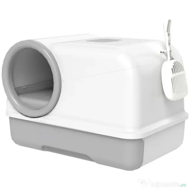 PawHut Litieră pentru Pisici cu Capac, Litiere Pisici cu Tavă și Lopățică Inclusă, Saci Deodorant, Ușor de Curățat, Alb și Gri | Aosom Romania