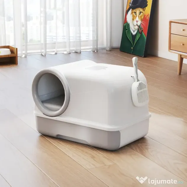 PawHut Litieră pentru Pisici cu Capac, Litiere Pisici cu Tavă și Lopățică Inclusă, Saci Deodorant, Ușor de Curățat, Alb și Gri | Aosom Romania