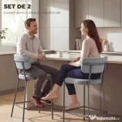 HOMCOM Set de 2 Scaune de Bar cu Spătar și Tapițate, Scaune Înalte din Material Textil cu Bară pentru Sprijinirea Picioarelor și Structură Metalică, Ușor de Asamblat, Gri Deschis | Aosom Romania 