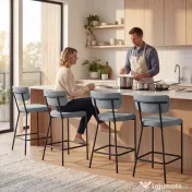 HOMCOM Set de 2 Scaune de Bar cu Spătar și Tapițate, Scaune Înalte din Material Textil cu Bară pentru Sprijinirea Picioarelor și Structură Metalică, Ușor de Asamblat, Gri Deschis | Aosom Romania 