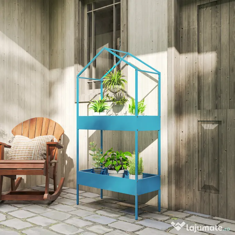 Outsunny Suport Ghivece pe 2 Niveluri din Metal în Formă de Casă, Raft pentru Plante cu Cârlig pentru Interior și Exterior, 75x35x150 cm, Verde Albastru | Aosom Romania