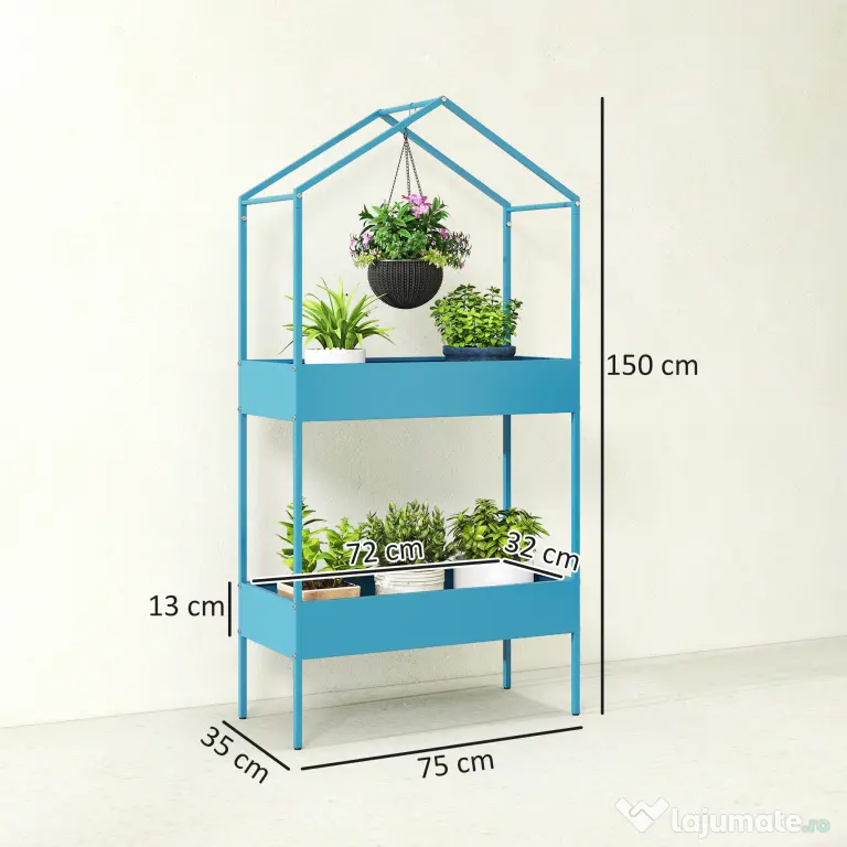 Outsunny Suport Ghivece pe 2 Niveluri din Metal în Formă de Casă, Raft pentru Plante cu Cârlig pentru Interior și Exterior, 75x35x150 cm, Verde Albastru | Aosom Romania
