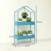 Outsunny Suport Ghivece pe 2 Niveluri din Metal în Formă de Casă, Raft pentru Plante cu Cârlig pentru Interior și Exterior, 75x35x150 cm, Verde Albastru | Aosom Romania 