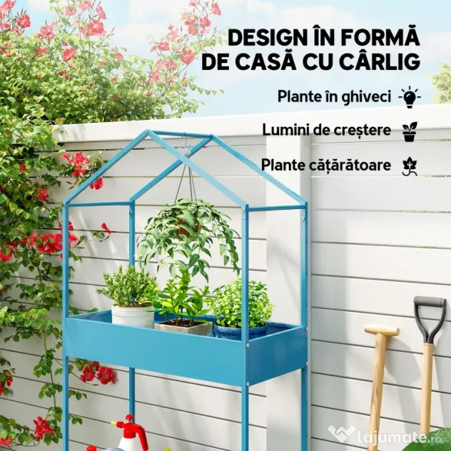 Outsunny Suport Ghivece pe 2 Niveluri din Metal în Formă de Casă, Raft pentru Plante cu Cârlig pentru Interior și Exterior, 75x35x150 cm, Verde Albastru | Aosom Romania