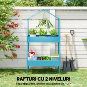 Outsunny Suport Ghivece pe 2 Niveluri din Metal în Formă de Casă, Raft pentru Plante cu Cârlig pentru Interior și Exterior, 75x35x150 cm, Verde Albastru | Aosom Romania 