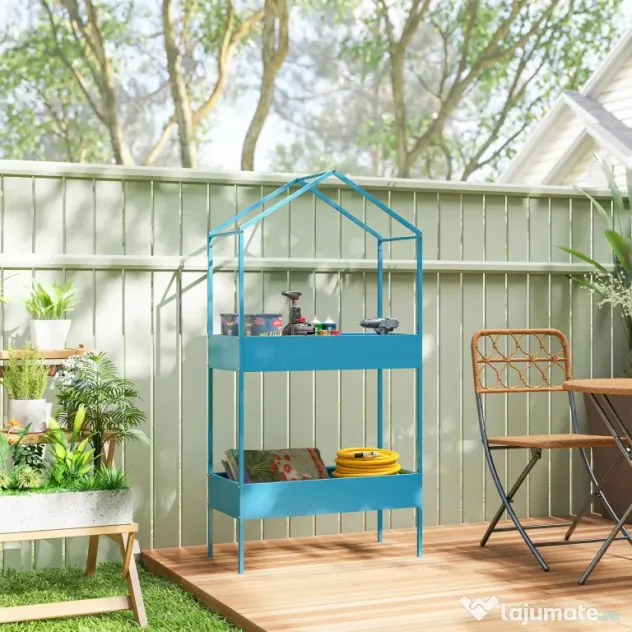 Outsunny Suport Ghivece pe 2 Niveluri din Metal în Formă de Casă, Raft pentru Plante cu Cârlig pentru Interior și Exterior, 75x35x150 cm, Verde Albastru | Aosom Romania