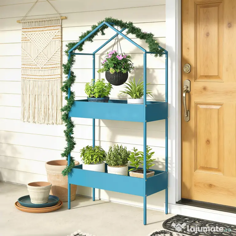 Outsunny Suport Ghivece pe 2 Niveluri din Metal în Formă de Casă, Raft pentru Plante cu Cârlig pentru Interior și Exterior, 75x35x150 cm, Verde Albastru | Aosom Romania
