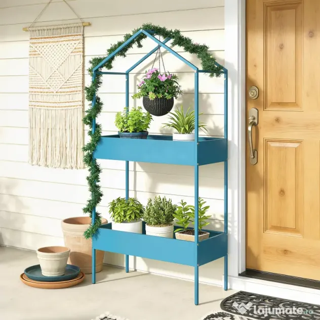 Outsunny Suport Ghivece pe 2 Niveluri din Metal în Formă de Casă, Raft pentru Plante cu Cârlig pentru Interior și Exterior, 75x35x150 cm, Verde Albastru | Aosom Romania