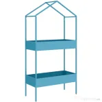 Outsunny Suport pentru Ghivece pe 2 Niveluri din Metal în Formă de Căsuță, Etajeră pentru Plante cu Agățătoare, pentru Interior și Exterior, 75x35x150 cm, Albastru-Verde