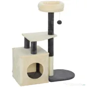 PawHut Arbore zgârietor pentru pisici, înalt de 92 cm, cu căsuță, culcuș, stâlpi din sisal și bila, crem alb | Aosom Romania 