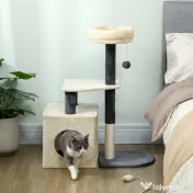 PawHut Arbore zgârietor pentru pisici, înalt de 92 cm, cu căsuță, culcuș, stâlpi din sisal și bila, crem alb | Aosom Romania 