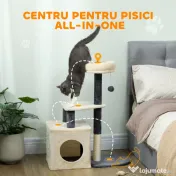 PawHut Arbore zgârietor pentru pisici, înalt de 92 cm, cu căsuță, culcuș, stâlpi din sisal și bila, crem alb | Aosom Romania 