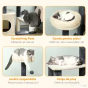 PawHut Arbore zgârietor pentru pisici, înalt de 92 cm, cu căsuță, culcuș, stâlpi din sisal și bila, crem alb | Aosom Romania 