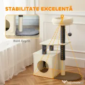 PawHut Arbore zgârietor pentru pisici, înalt de 92 cm, cu căsuță, culcuș, stâlpi din sisal și bila, crem alb | Aosom Romania 