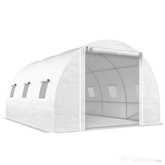 Outsunny Seră de Grădină Tip Tunel 4x3x2 m cu 2 Bare Detașabile, Uși Rulabile și Ferestre cu Plasă, Seră pentru Grădină de Legume și Flori, Structură din Oțel Zincat și Acoperire PE, Alb | Aosom Romania