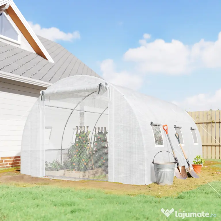 Outsunny Seră de Grădină Tip Tunel 4x3x2 m cu 2 Bare Detașabile, Uși Rulabile și Ferestre cu Plasă, Seră pentru Grădină de Legume și Flori, Structură din Oțel Zincat și Acoperire PE, Alb | Aosom Romania