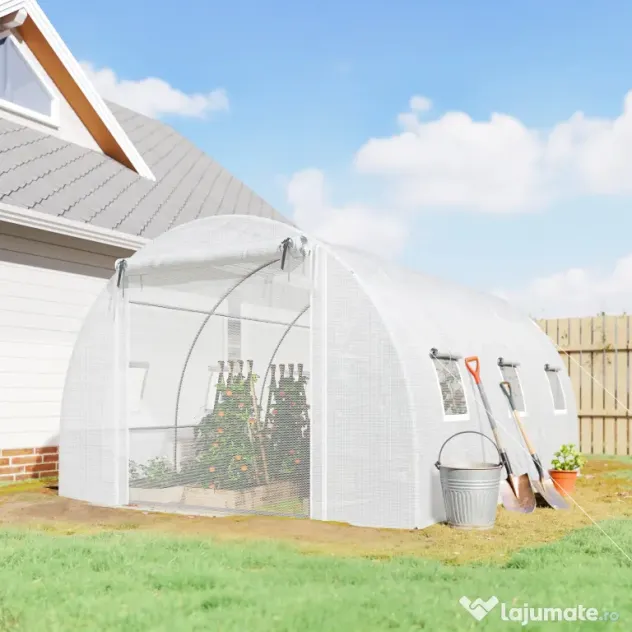 Outsunny Seră de Grădină Tip Tunel 4x3x2 m cu 2 Bare Detașabile, Uși Rulabile și Ferestre cu Plasă, Seră pentru Grădină de Legume și Flori, Structură din Oțel Zincat și Acoperire PE, Alb | Aosom Romania