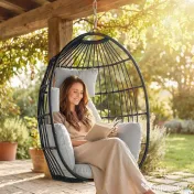 Scaun Suspendat Outsunny în Formă de Ou Fără Suport, Pliabil, cu Pernă Moale și Tetieră, Suport Pahar, Capacitate 120 kg, Gri Închis | Aosom Romania 