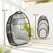 Scaun Suspendat Outsunny în Formă de Ou Fără Suport, Pliabil, cu Pernă Moale și Tetieră, Suport Pahar, Capacitate 120 kg, Gri Închis | Aosom Romania 