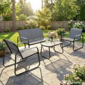 Outsunny Set de Grădină 4 Piese, Canapea cu 2 Locuri, 2 Fotolii, Măsuță din Sticlă Temperată, Gri | Aosom Romania