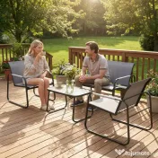 Outsunny Set de Grădină 4 Piese, Canapea cu 2 Locuri, 2 Fotolii, Măsuță din Sticlă Temperată, Gri | Aosom Romania