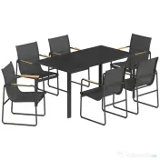 Outsunny Set Masă și Scaune de Grădină 7 Piese, Set Prânz Exterior cu Masă din Sticlă Temperată, 6 Scaune din Texteline Respirabil, Cotiere Decorative, Structură din Oțel pentru Terasă Balcon, Negru | Aosom Romania 