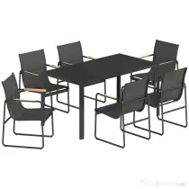 Outsunny Set Masă și Scaune de Grădină 7 Piese, Set Prânz Exterior cu Masă din Sticlă Temperată, 6 Scaune din Texteline Respirabil, Cotiere Decorative, Structură din Oțel pentru Terasă Balcon, Negru | Aosom Romania