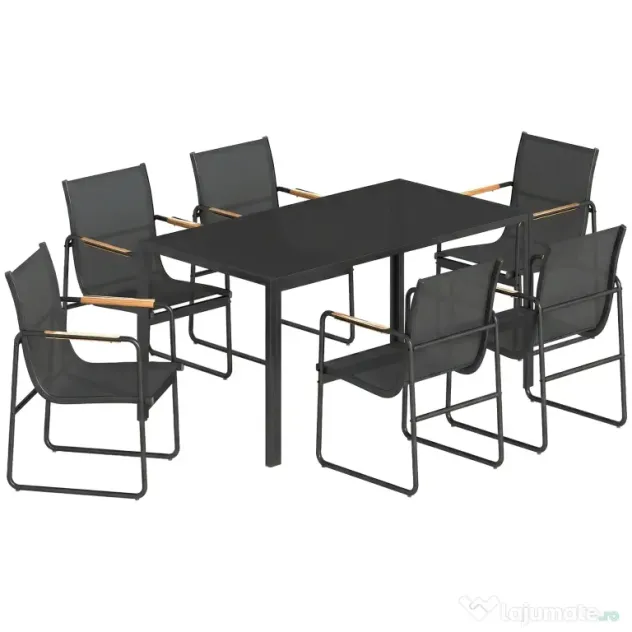 Outsunny Set Masă și Scaune de Grădină 7 Piese, Set Prânz Exterior cu Masă din Sticlă Temperată, 6 Scaune din Texteline Respirabil, Cotiere Decorative, Structură din Oțel pentru Terasă Balcon, Negru | Aosom Romania