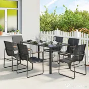 Outsunny Set Masă și Scaune de Grădină 7 Piese, Set Prânz Exterior cu Masă din Sticlă Temperată, 6 Scaune din Texteline Respirabil, Cotiere Decorative, Structură din Oțel pentru Terasă Balcon, Negru | Aosom Romania 