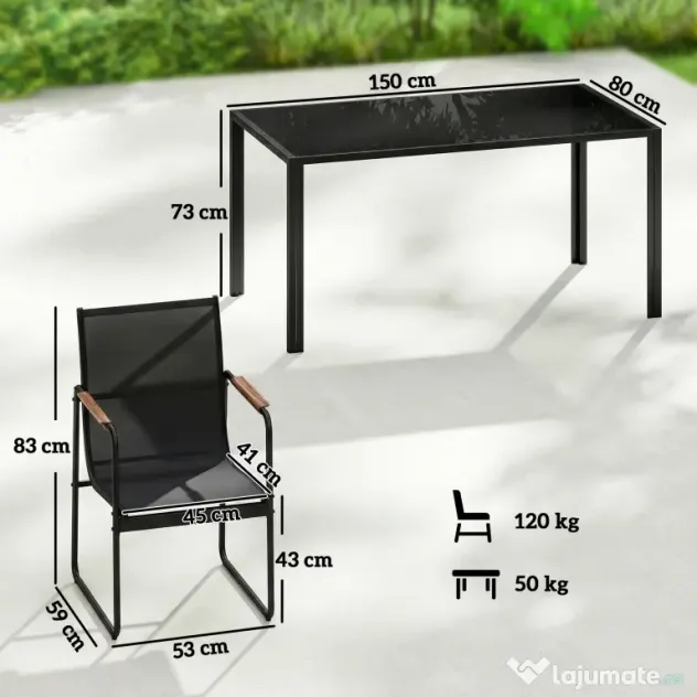 Outsunny Set Masă și Scaune de Grădină 7 Piese, Set Prânz Exterior cu Masă din Sticlă Temperată, 6 Scaune din Texteline Respirabil, Cotiere Decorative, Structură din Oțel pentru Terasă Balcon, Negru | Aosom Romania